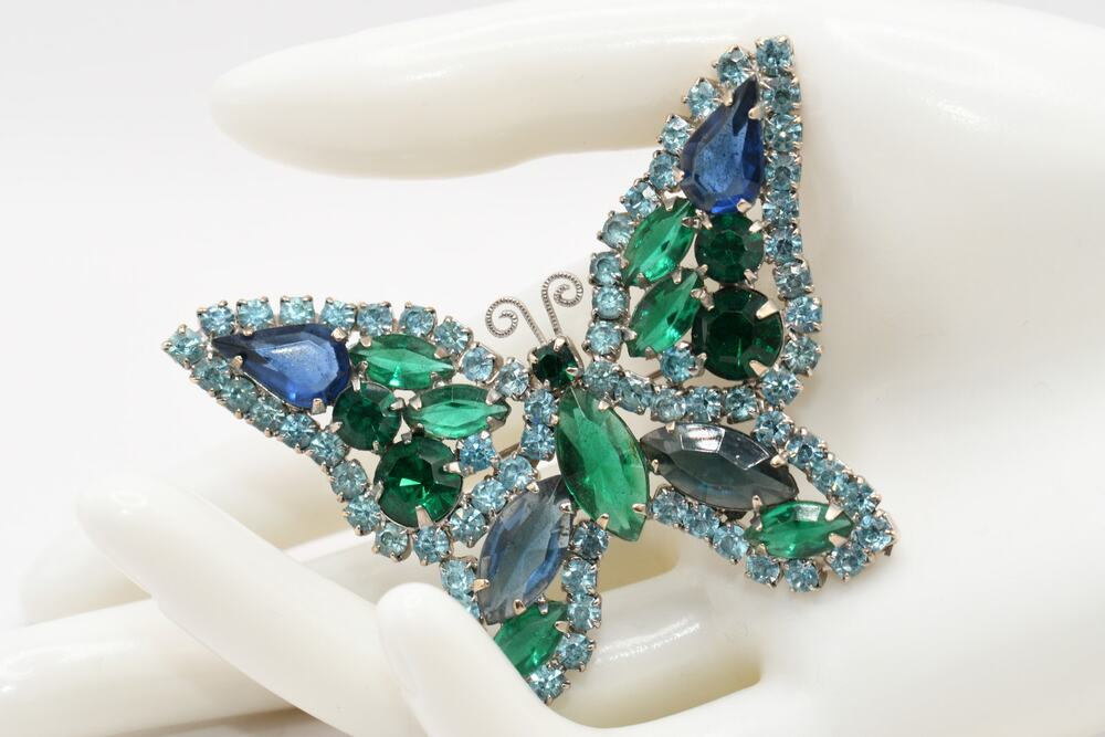 Vintage Blue Green Rhinestone Butterfly Brooch Rhodium